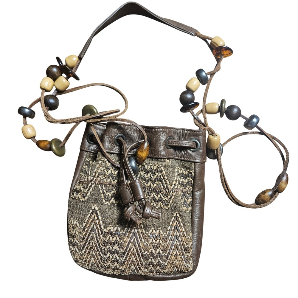 Saks Fifth Avenue Leather Woven Beaded Drawstring Bucket Bag Brown Boho Festival